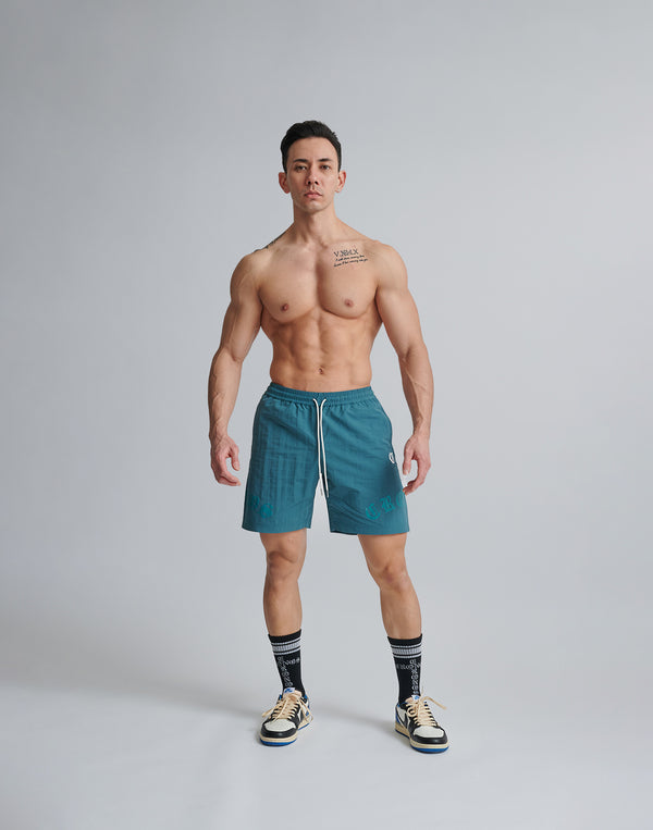 CRONOS BLACK LETTER WASHED SHORTS [GREEN]