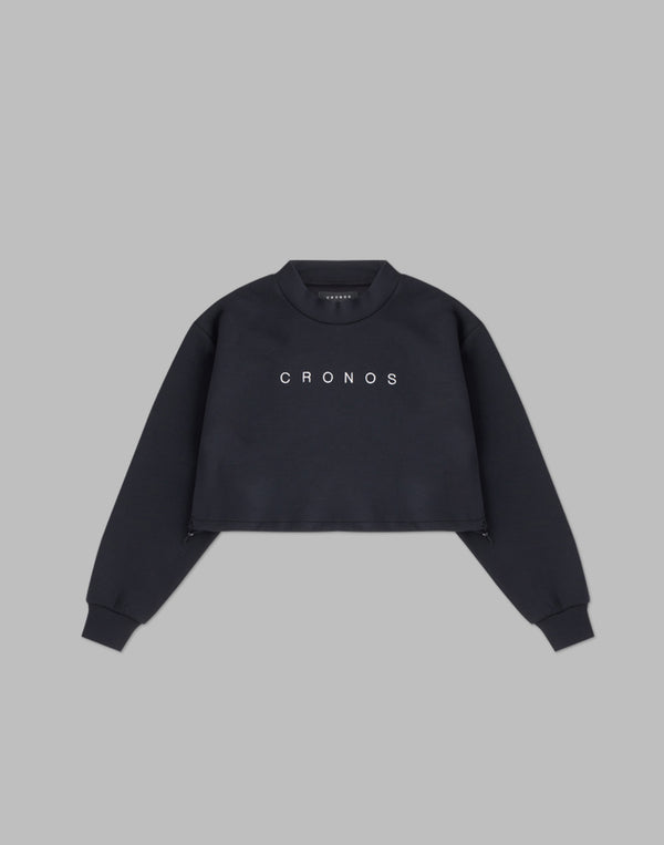 CRONOS WOMEN HIGH NECK SHORT SWEAT TOP [BLACK]