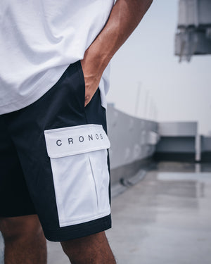 CRONOS Contrast Pocket Stretch Cargo Shorts [BLACK×WHITE]
