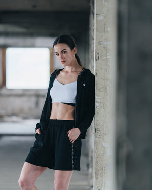 CRONOS WOMEN Shiny Wide Rib Hoodie【BLACK】