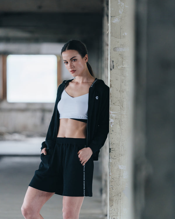 CRONOS WOMEN Shiny Wide Rib Hoodie【BLACK】