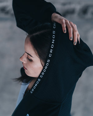 CRONOS WOMEN Shiny Wide Rib Hoodie【BLACK】