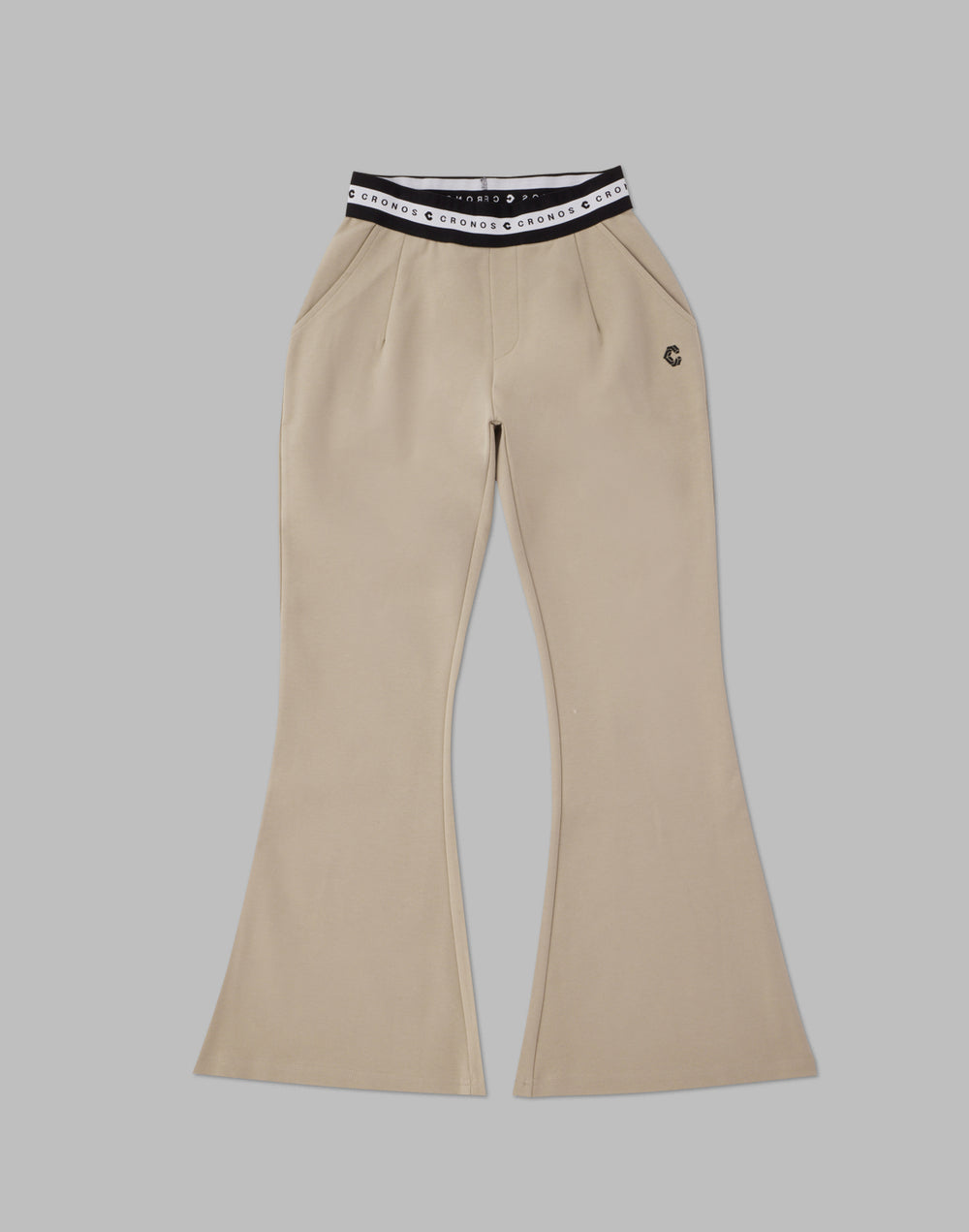 CRONOS WOMEN CALF LOGO FLARE PANTS【BEIGE】