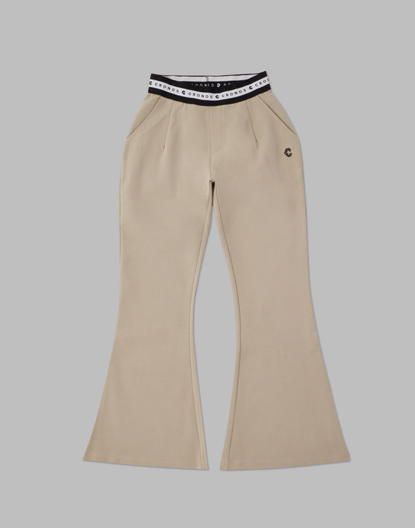 CRONOS WOMEN CALF LOGO FLARE PANTS【BEIGE】