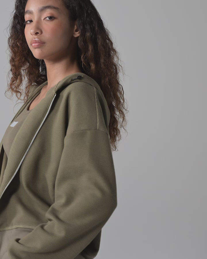 CRONOS WOMEN SHAPE CROPPED ZIP HOODIE【KHAKI】
