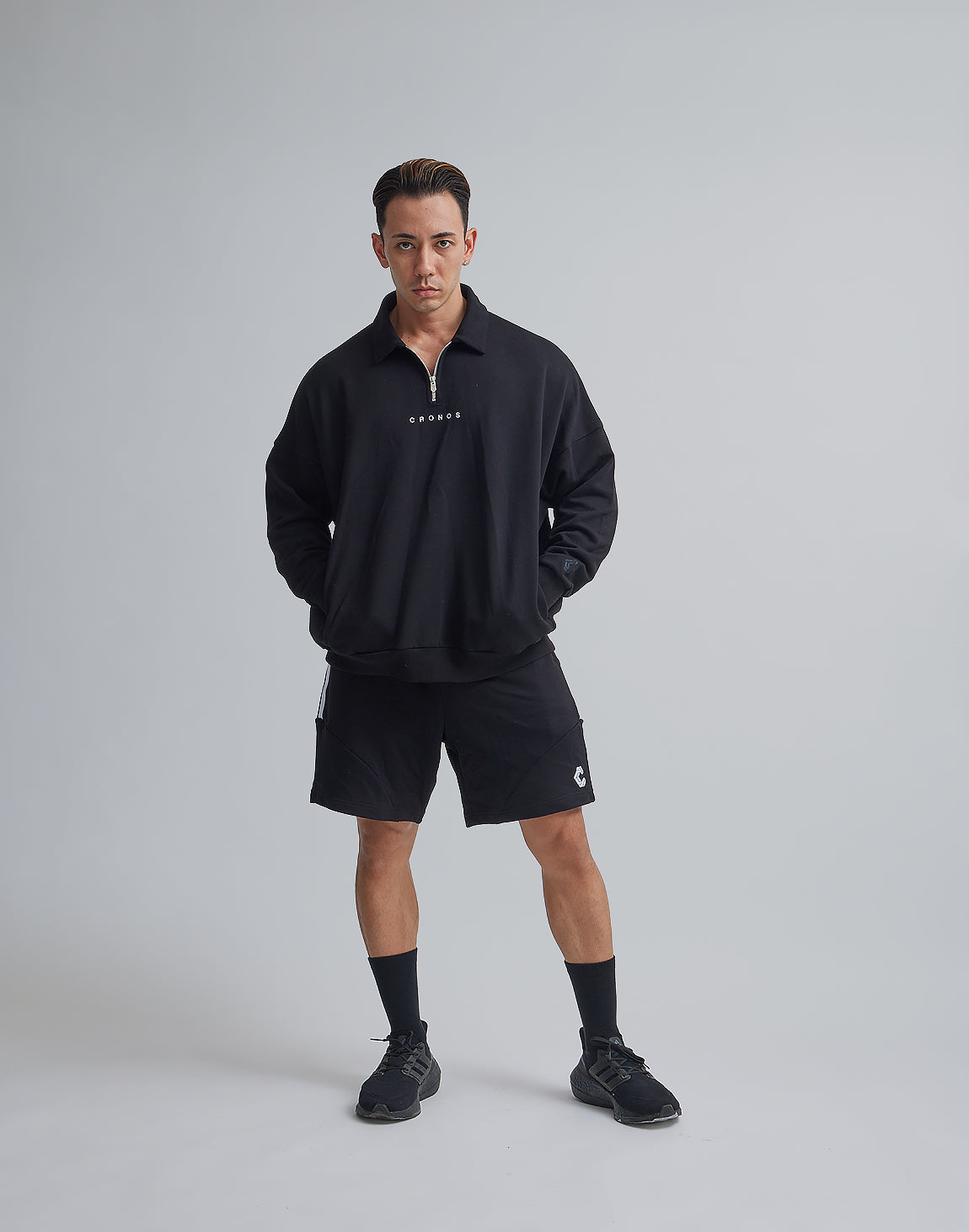 CRONOS ブラック ハーフジップジャケット Mサイズ CRONOS BLACK COLOR-BLOCK DESIGN HALF-ZIP【BLACK】
